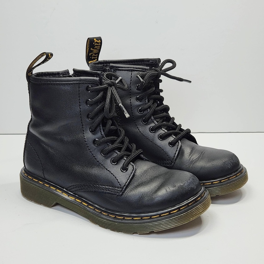 Dr. Martens Boots Kids Size 2 Black Leather 1460 J Combat Lace Up Zip Ankle